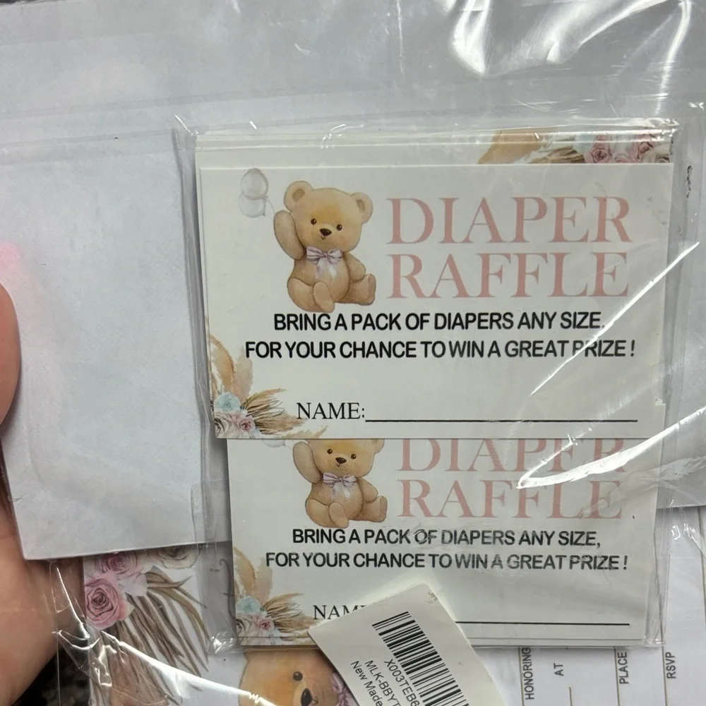 Baby Girl Shower Invitation Cards with Teddy Bear Design and Diaper Raffle